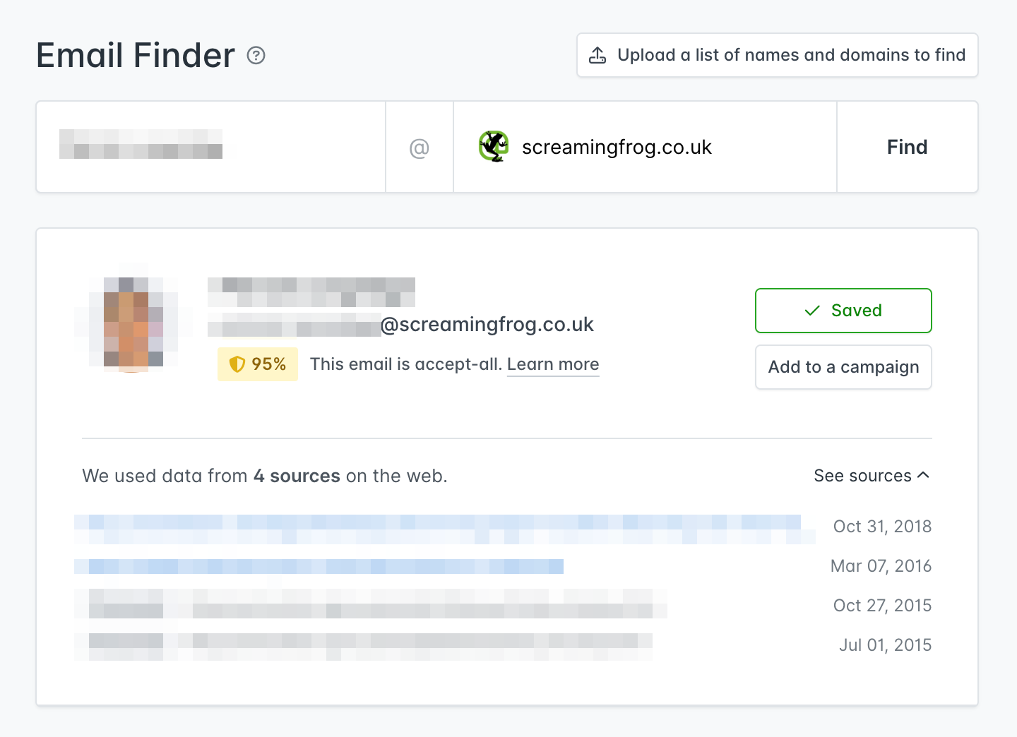 Hunter's Email Finder report showing the sources for a found email