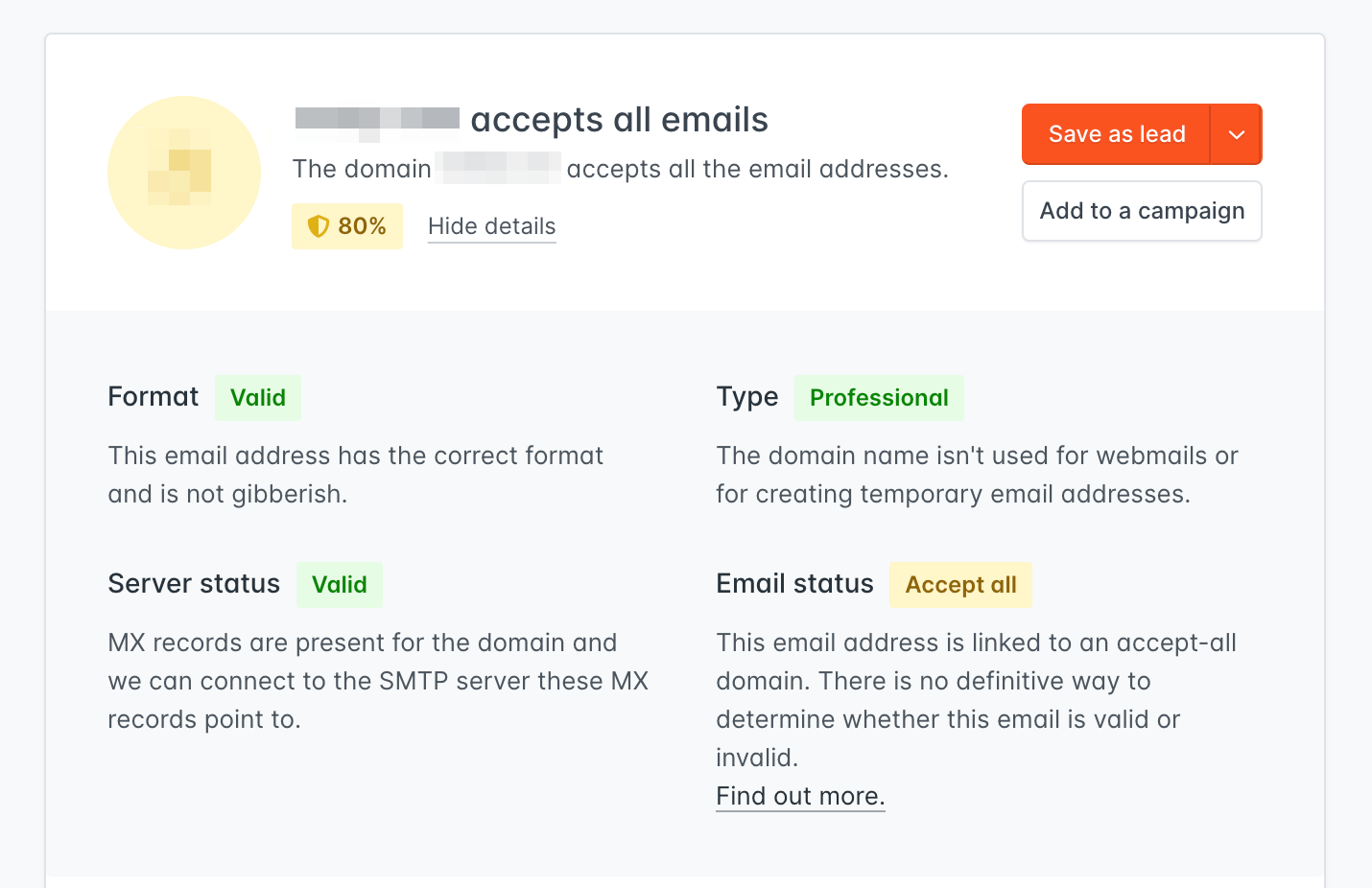An example of a Hunter Email Verifier report for an accept-all (catch-all) domain