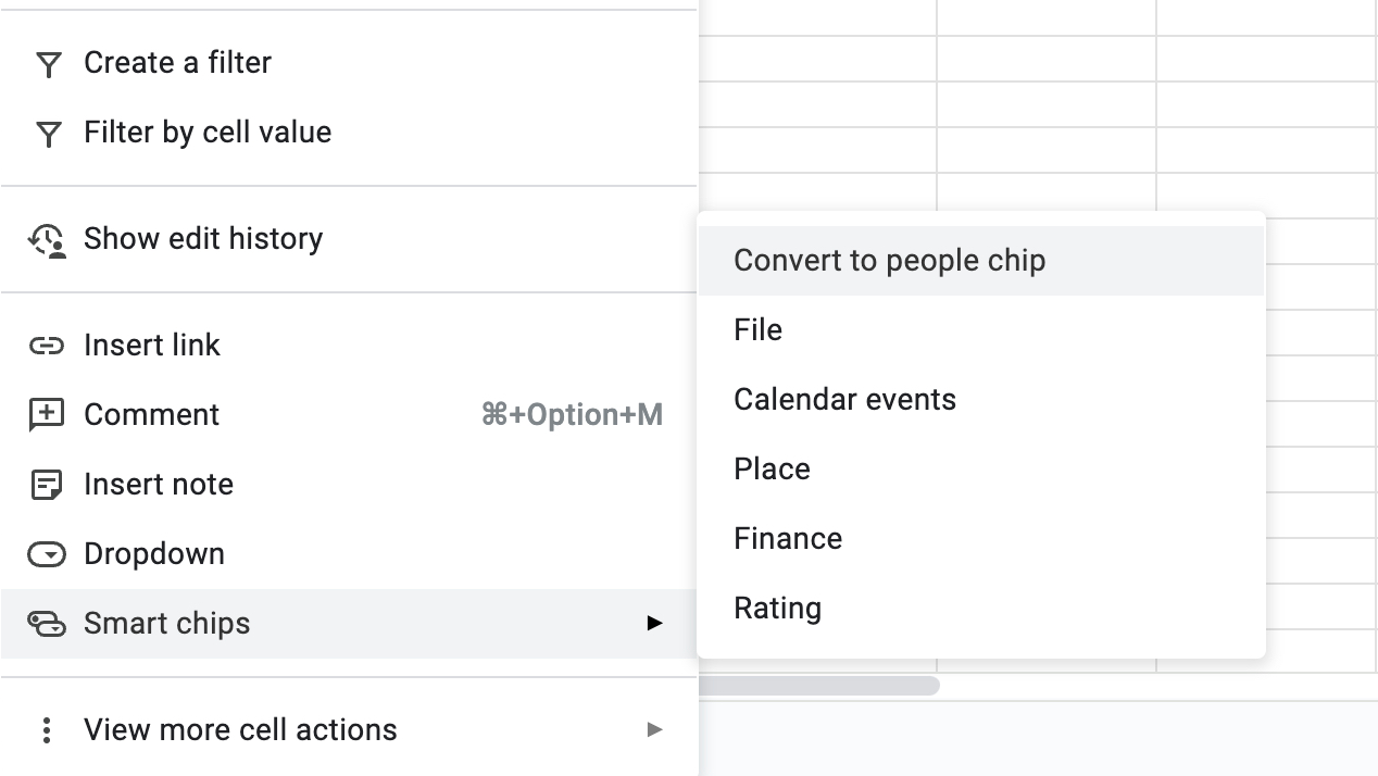 a screenshot from Google Sheets showing how to use the people chip hack to verify accept-all email addresses