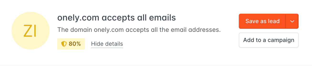 an example of an accept-all report in Hunter's Email Verifier