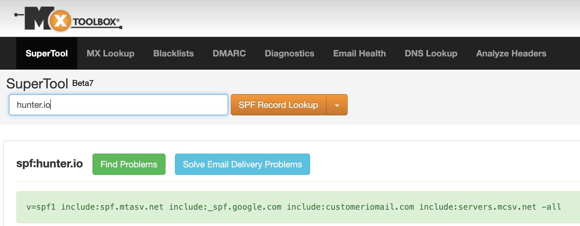 MXtoolbox report for an SPF record of hunter.io