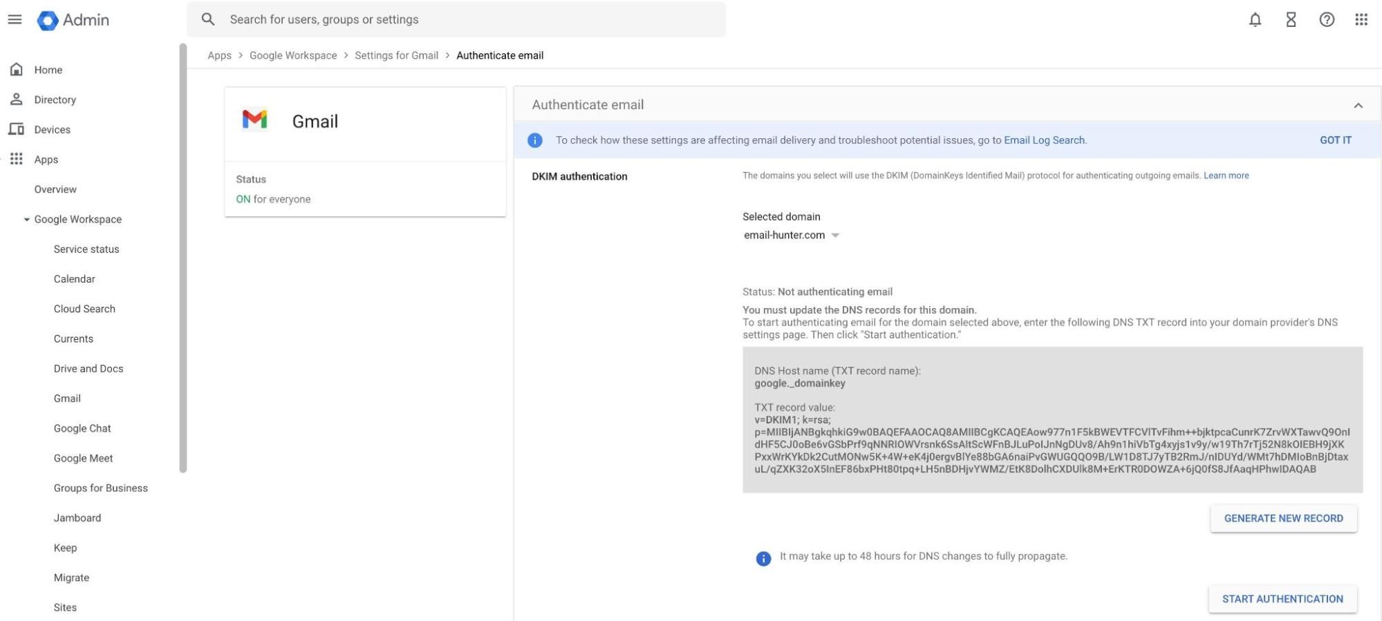 Google Workspace settings showing a public DKIM key