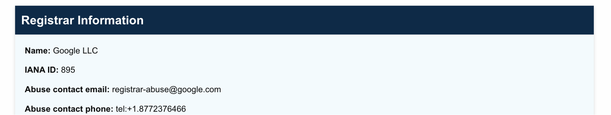 ICANN Lookup report showing the domain registrar of an inspected domain
