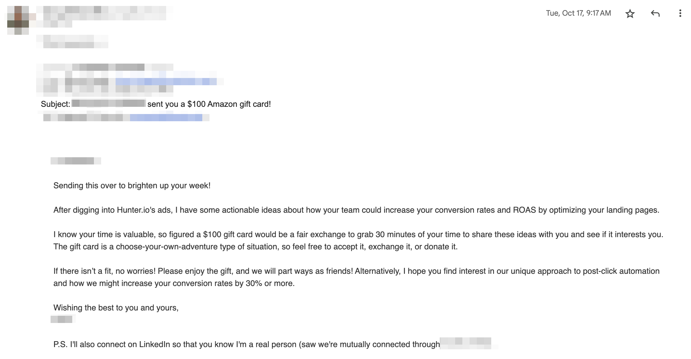 Example of a cold email that aims to set up a call
