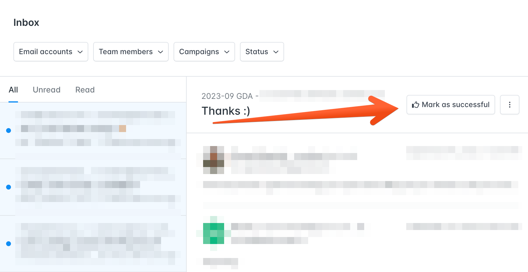 Using Hunter Campaigns, you can manually mark an email exchange as successful to calculate a success rate, or positive reply rate
