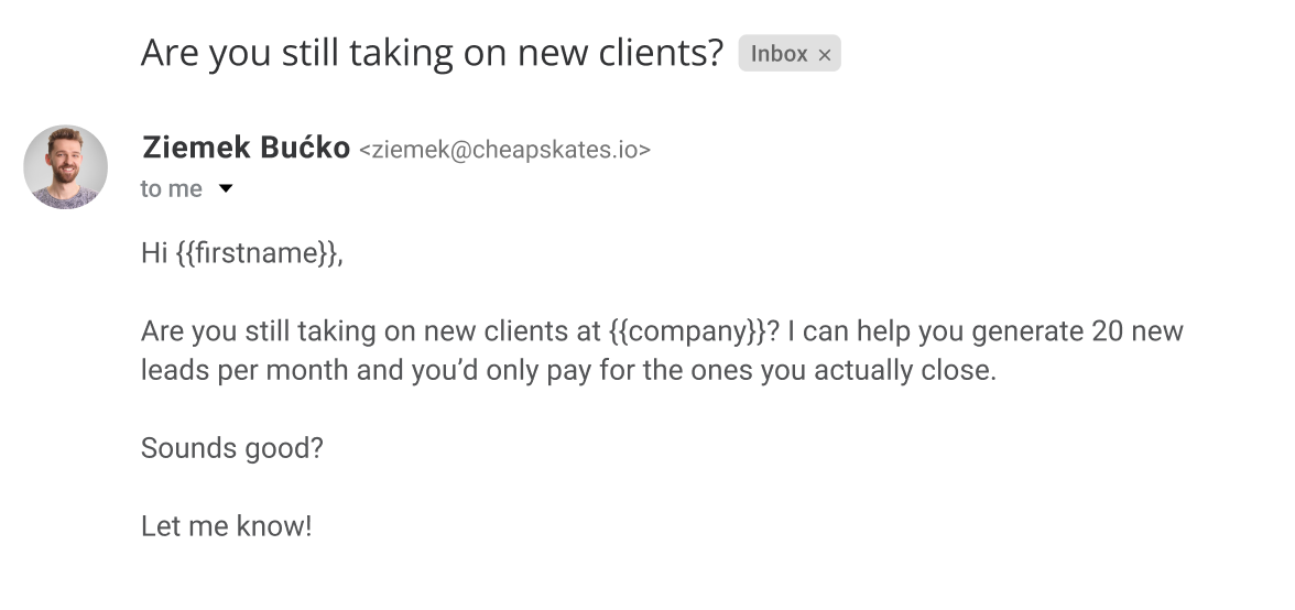 An example of a cold email that employs a misleading subject line, which may inflate the campaign's open rate, but won't result in a high reply rate