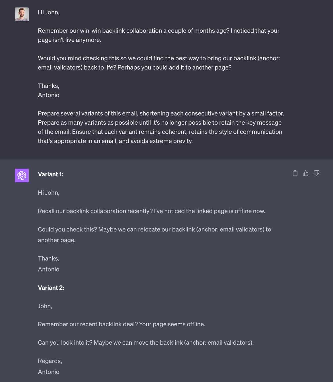 ChatGPT prompt and response that aims to make a cold email shorter using AI